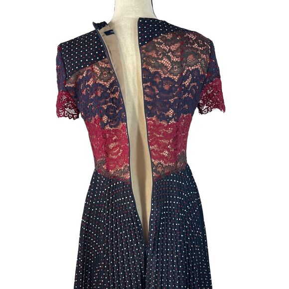 French Connection SZ 6 Phoebe Dress Mix-Lace Polka Dot Round Neck Pleated Mini - Picture 9 of 13
